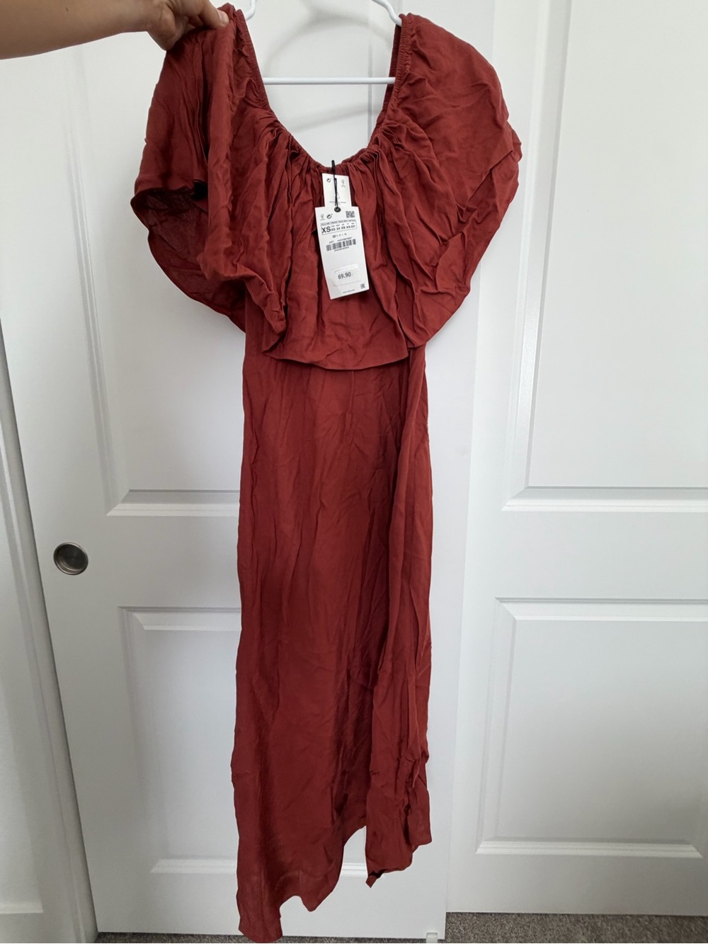 Zara Rust-Red Strapless Ruffle Maxi Dress